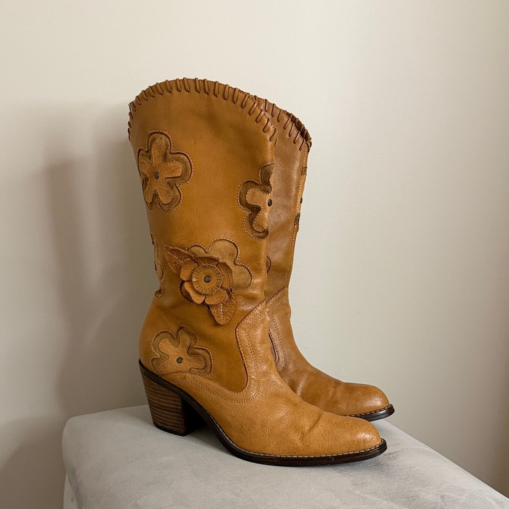 MIA Tan Floral Heeled Cowboy Boots